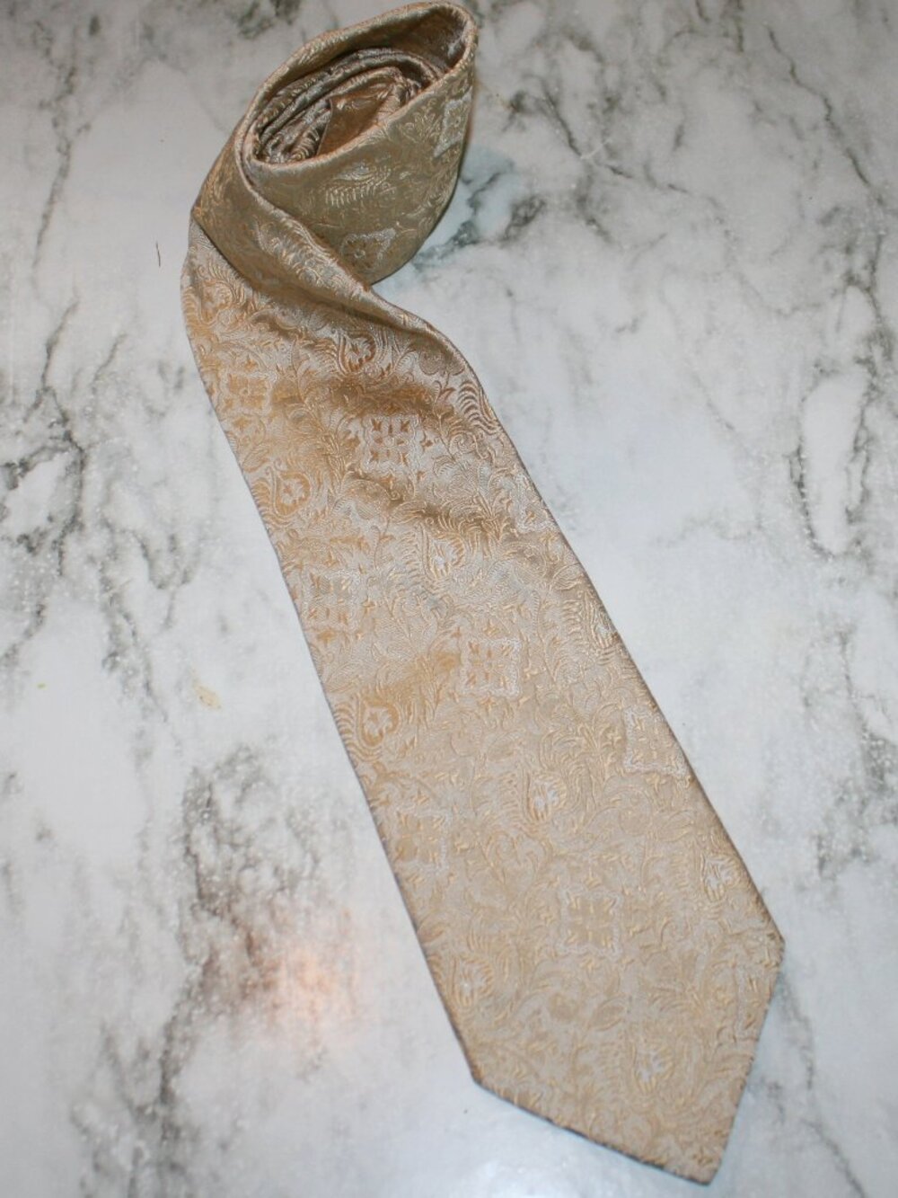 PAUL FREDRICK Necktie Luxury Silk Jacquard Paisley Floral Tan Beige Gold Wedding